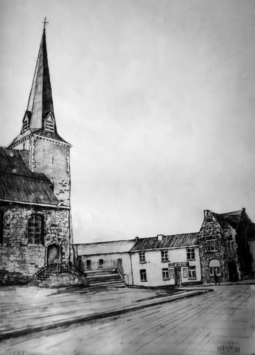 Café chez Alice et église de Gouy 1978